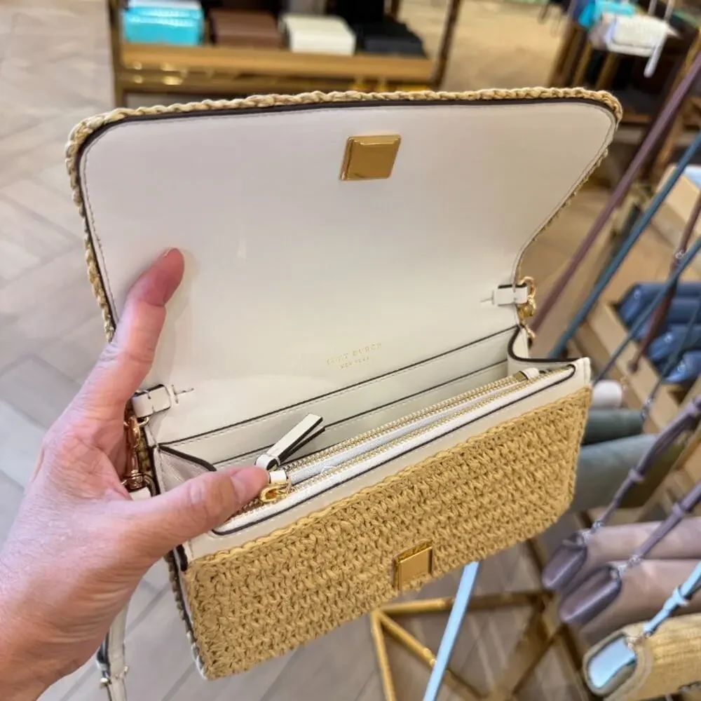 Tory Burch Thea Raffia Flat Wallet Crossbody 180152 Raffia / Ice Crystal $525 - Picture 5 of 9